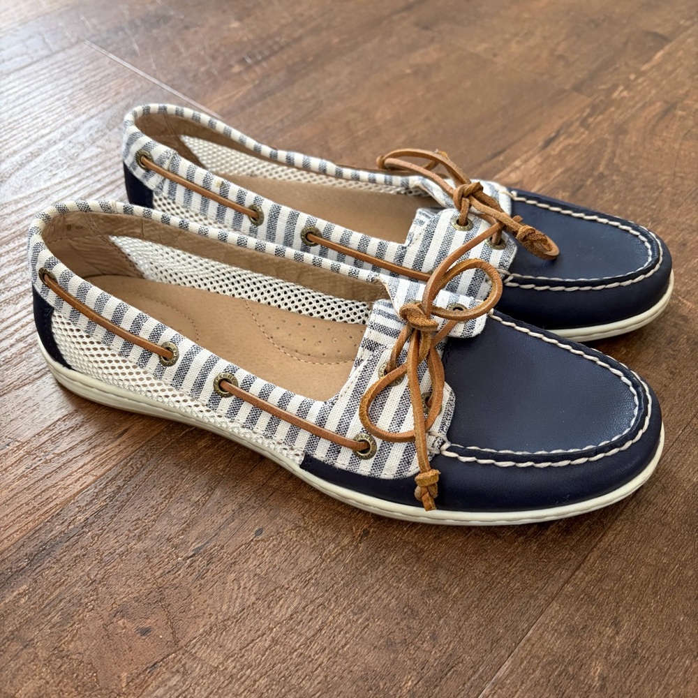 Sperry Navy Blue and White Striped Boat Shoes